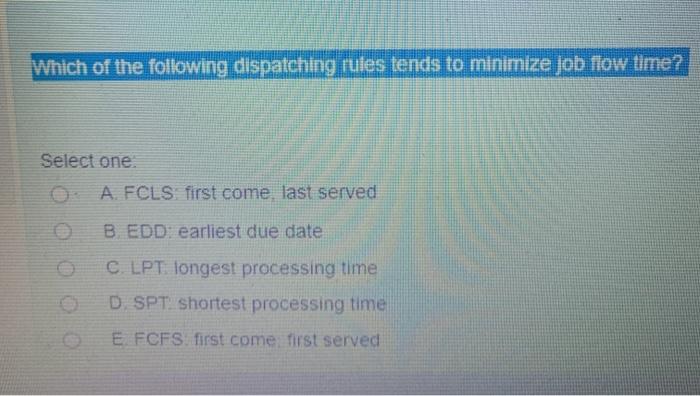 Solved Which Of The Following Dispatching Rules Tends To | Chegg.com