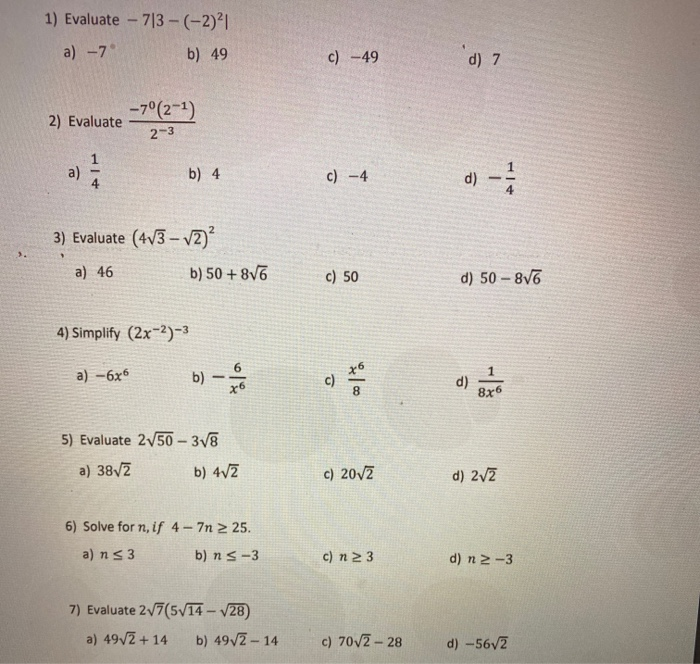 Solved 1 Evaluate 7 3 2 1 A 7 B 49 C 49 D 7 Chegg Com