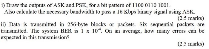 Solved i) Draw the outputs of ASK and PSK, for a bit pattern | Chegg.com