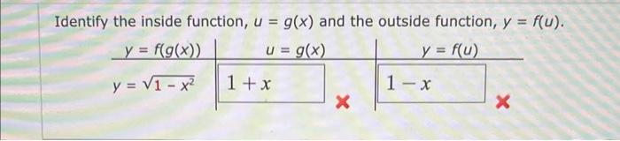 Solved Identify the inside function, u=g(x) and the outside | Chegg.com