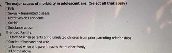 The major causes of morbidity in adolescent are: (Select all that apply) Falls Sexually transmitted disease Motor vehicles ac