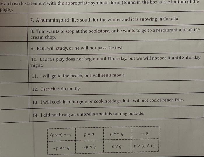 Solved Match Each Statement With The Appropriate Symbolic | Chegg.com