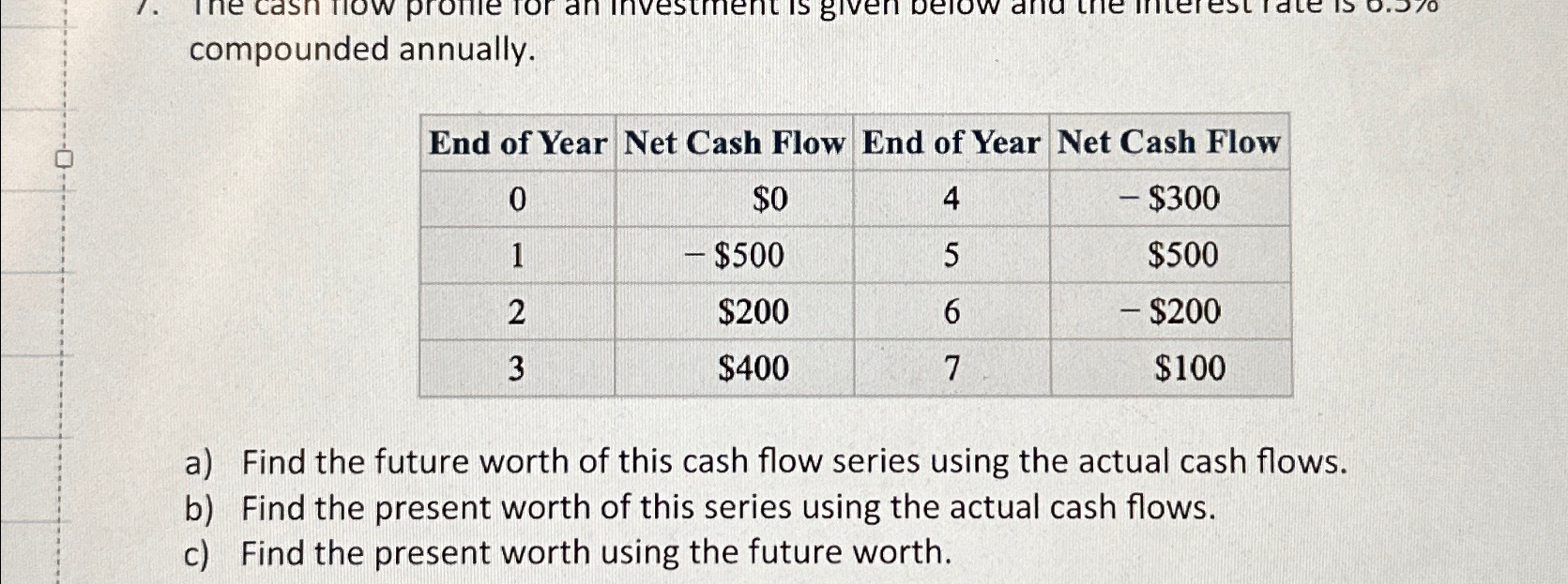 compounded annually.\table[[End of Year,Net Cash | Chegg.com