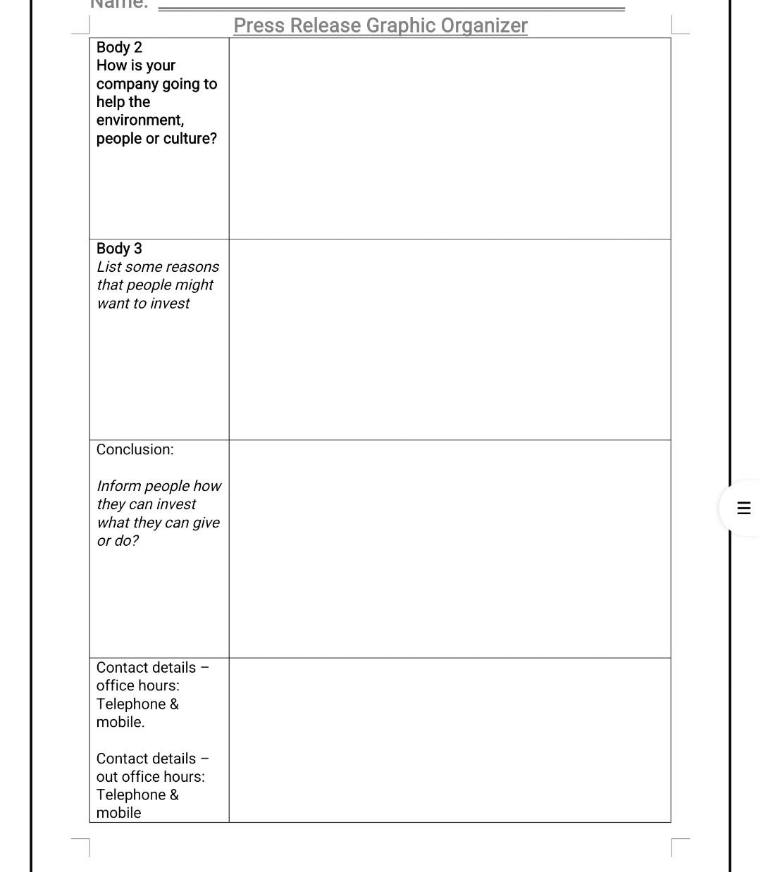 Solved Press Release Graphic Organizer Body 2 How is your | Chegg.com