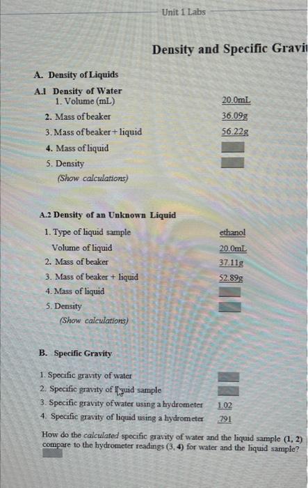 Solved Density And Specific Gravi B. Specific Gravity How Do | Chegg.com