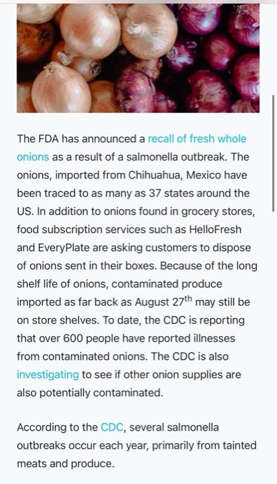 Solved The FDA has announced a recall of fresh whole onions | Chegg.com