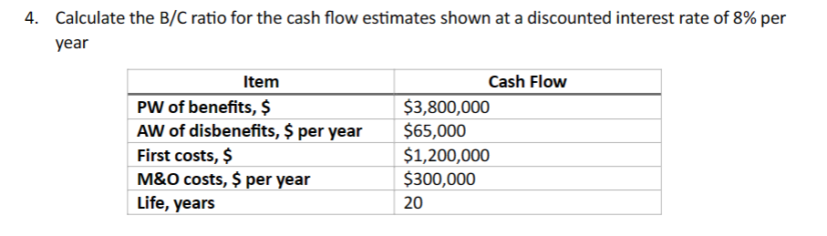Solved Calculate the BC ﻿ratio for the cash flow estimates | Chegg.com