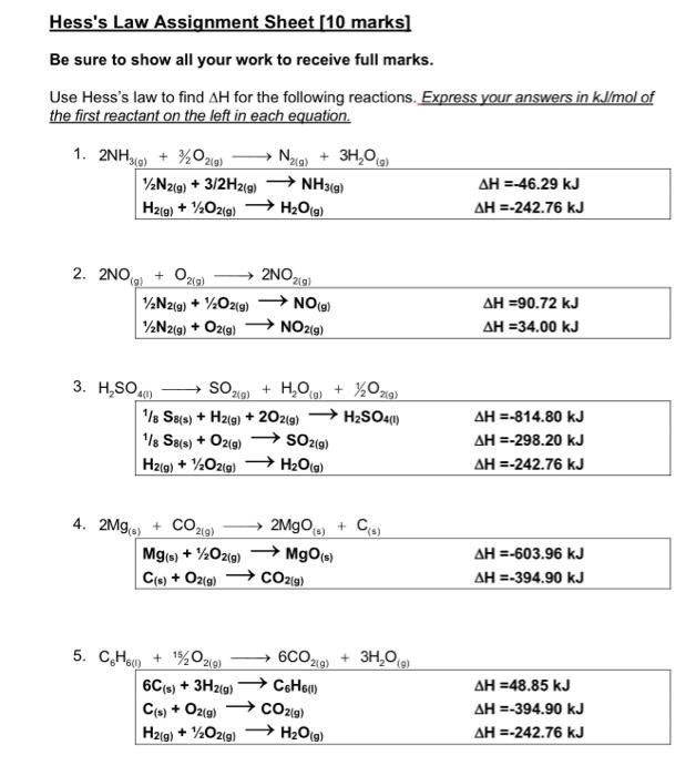 Solved Hess's Law Assignment Sheet [10 marks] Be sure to | Chegg.com