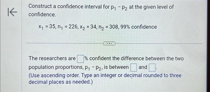 Solved Construct a confidence interval for p1−p2 at the | Chegg.com