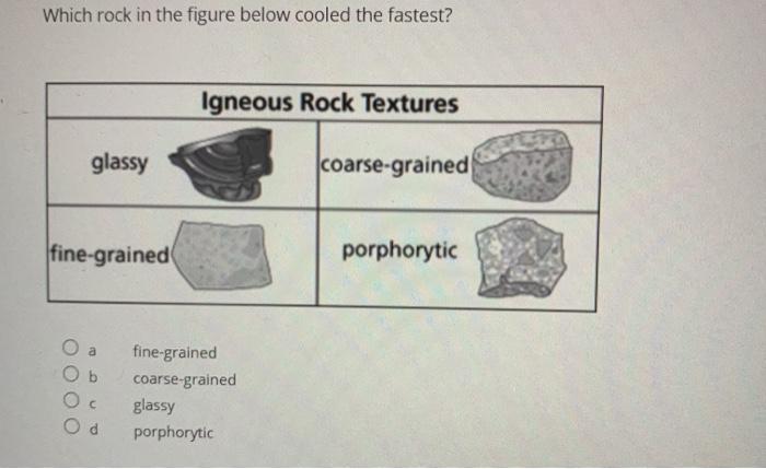 Which rock in the figure below cooled the fastest? Igneous Rock Textures glassy coarse-grained fine-grained porphorytic a fin