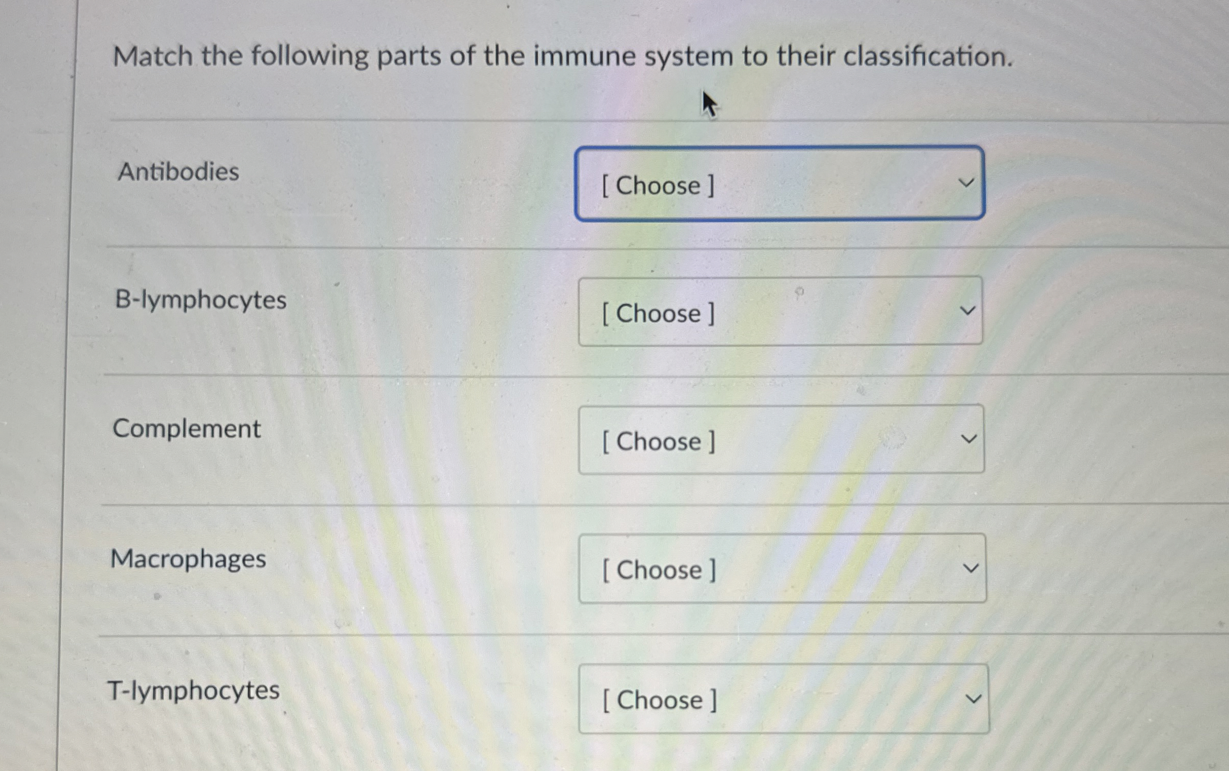 Solved Match the following parts of the immune system to | Chegg.com