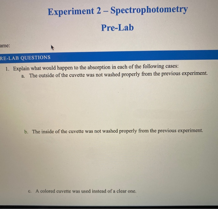 Solved Experiment 2 Spectrophotometry PreLab ame RELAB