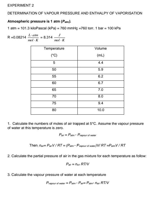 Solved EXPERIMENT 2 DETERMINATION OF VAPOUR PRESSURE AND | Chegg.com