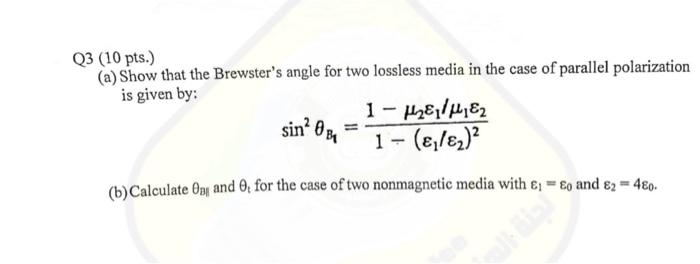 Solved 23 (10 pts.) (a) Show that the Brewster's angle for | Chegg.com