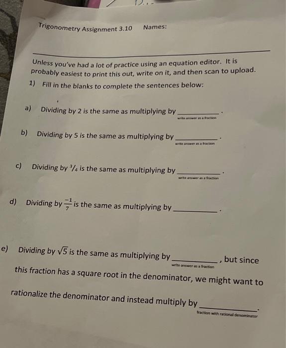 Solved Trigonometry Assignment 3.10 Names: Unless you've had | Chegg.com