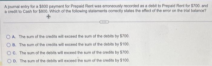 Solved A journal entry for a $800 payment for Prepaid Rent Chegg com
