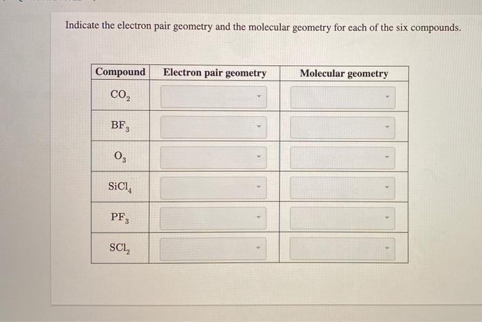 Solved Indicate The Electron Pair Geometry And The Molecular Chegg Com