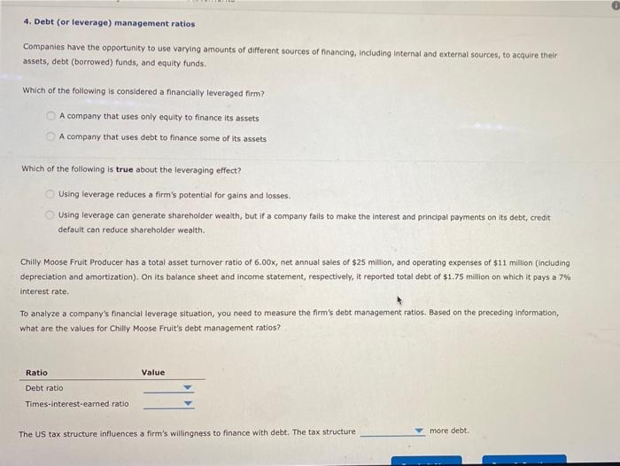 Solved 4. Debt (or Leverage) Management Ratios Companies | Chegg.com