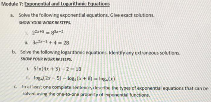 Solved Module 7: Exponential and Logarithmic Equations a. | Chegg.com
