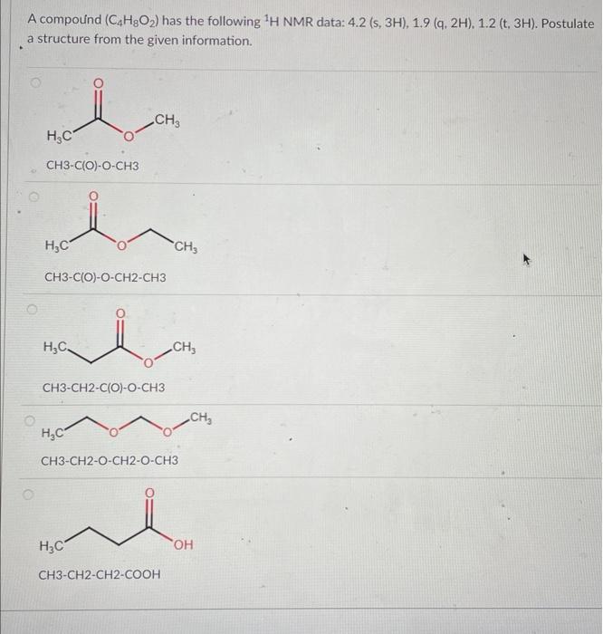 Solved A compound (C4H8O2) has the following 1H NMR data: | Chegg.com