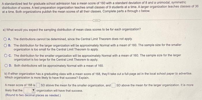 Solved A standardized test for graduate school admission has | Chegg.com