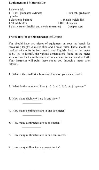 Solved Equipment and Materials List 1 meter stick 1 10 mL