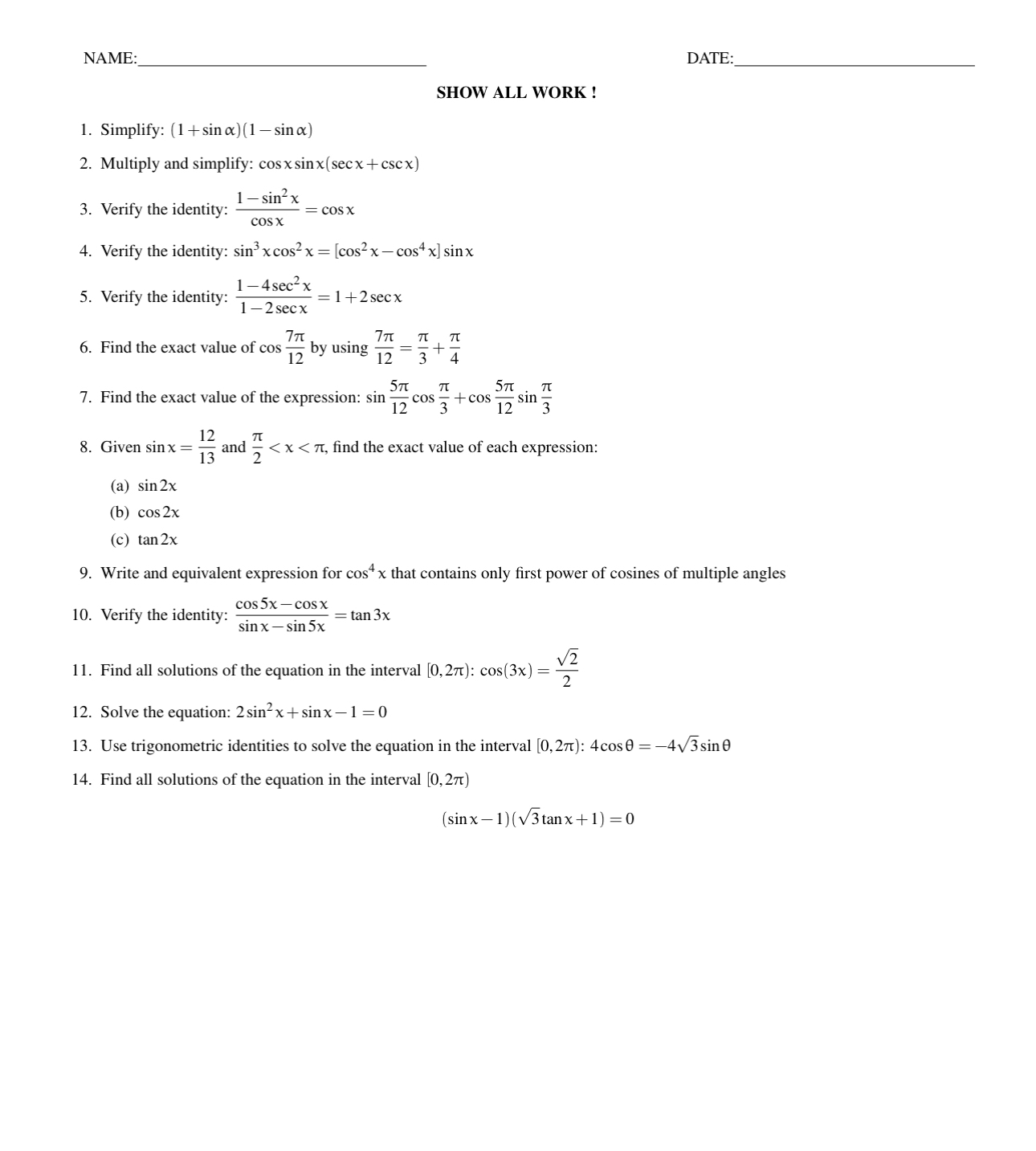 Solved NAMEDATESHOW ALL WORK :Simplify: | Chegg.com