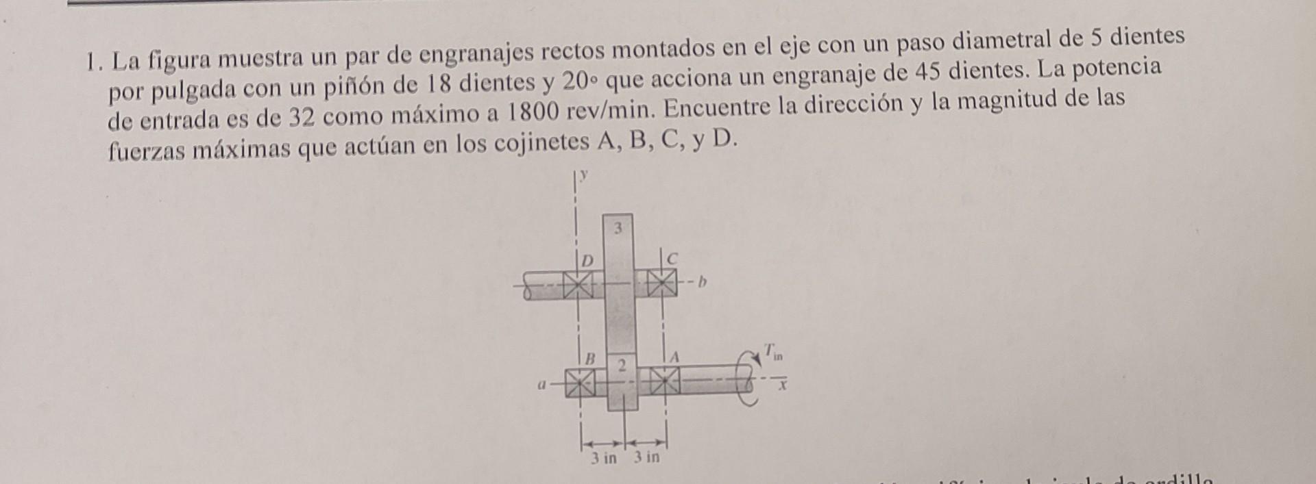 1. La figura muestra un par de engranajes rectos montados en el eje con un paso diametral de 5 dientes por pulgada con un piñ