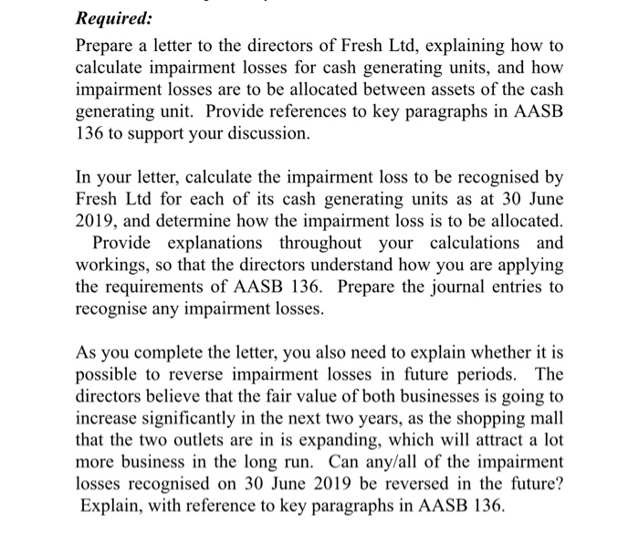 Required: prepare a letter to the directors of fresh ltd, explaining how to calculate impairment losses for cash generating u