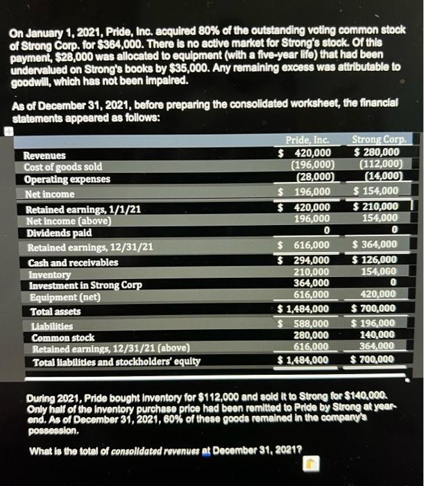 Solved On January 1, 2021, Pride, Inc. acquired 80 of the
