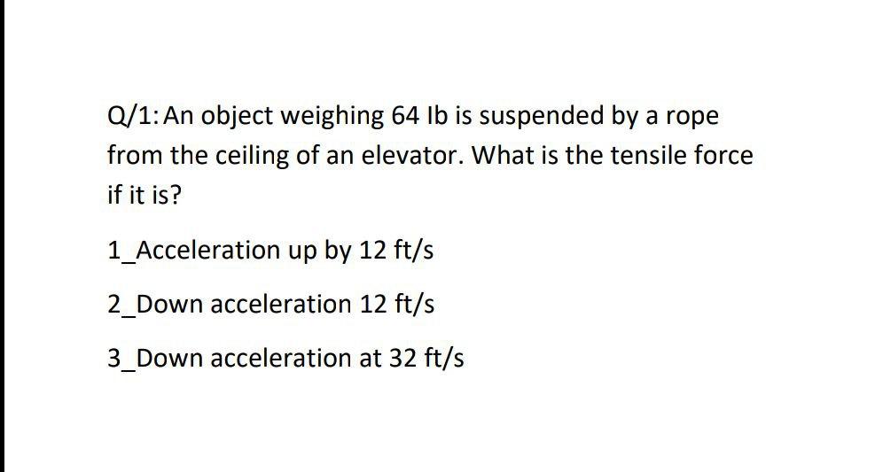 Solved Q 1: An Object Weighing 64 Lb Is Suspended By A Rope 