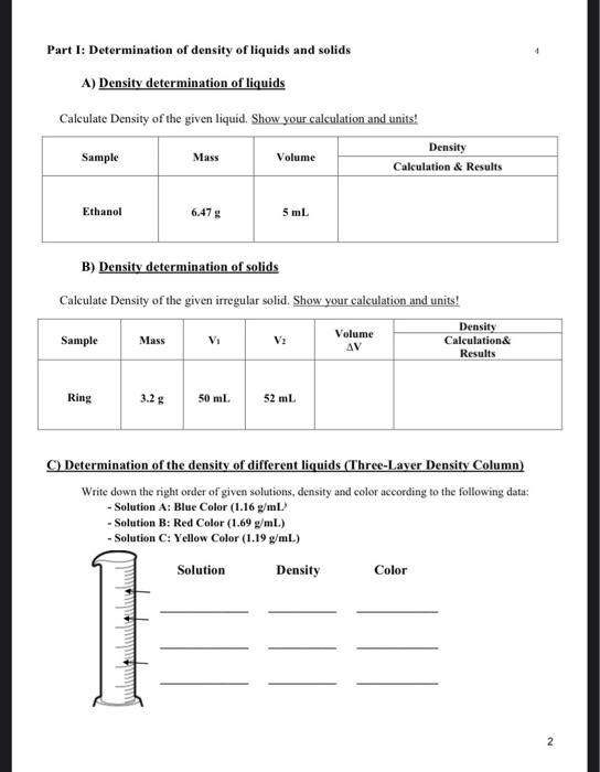 Solved Part I Determination of density of liquids and