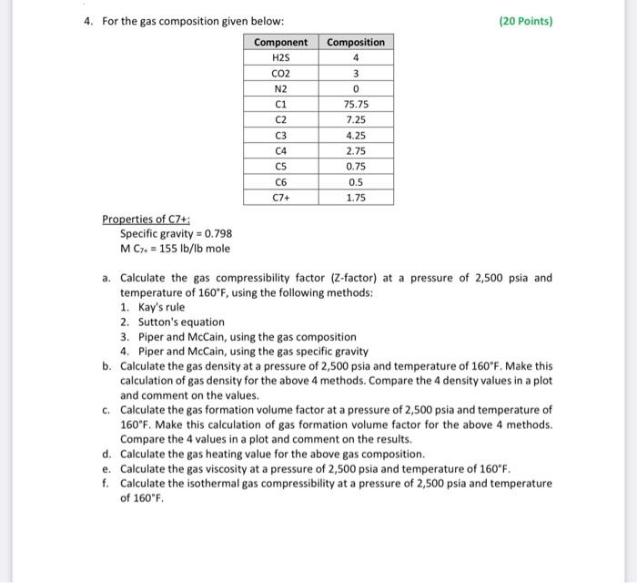 Solved 4. For the gas composition given below (20 Points)