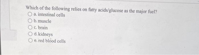 Solved Which of the following relies on fatty acids/glucose | Chegg.com