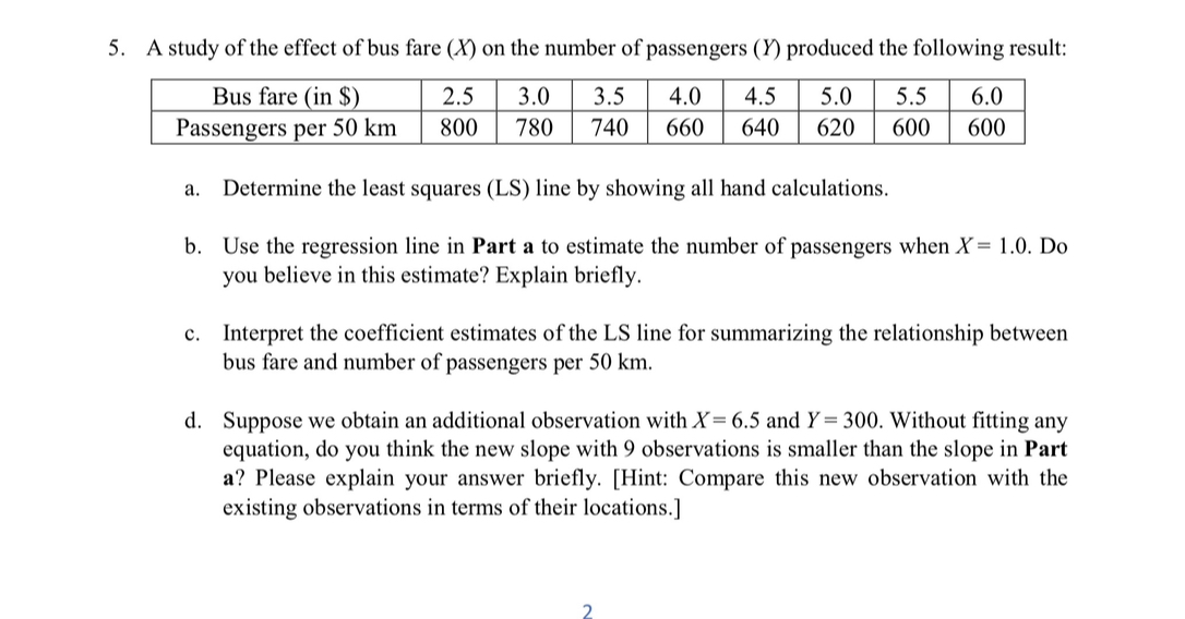 Solved A study of the effect of bus fare (x) ﻿on the number | Chegg.com