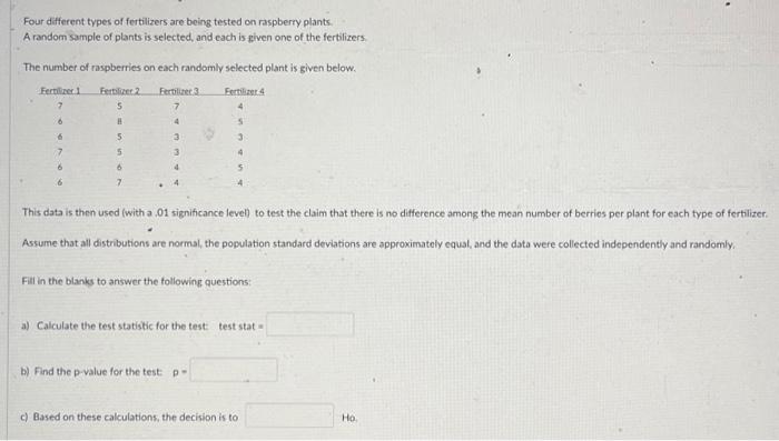 Solved Four different types of fertilizers are being tested | Chegg.com