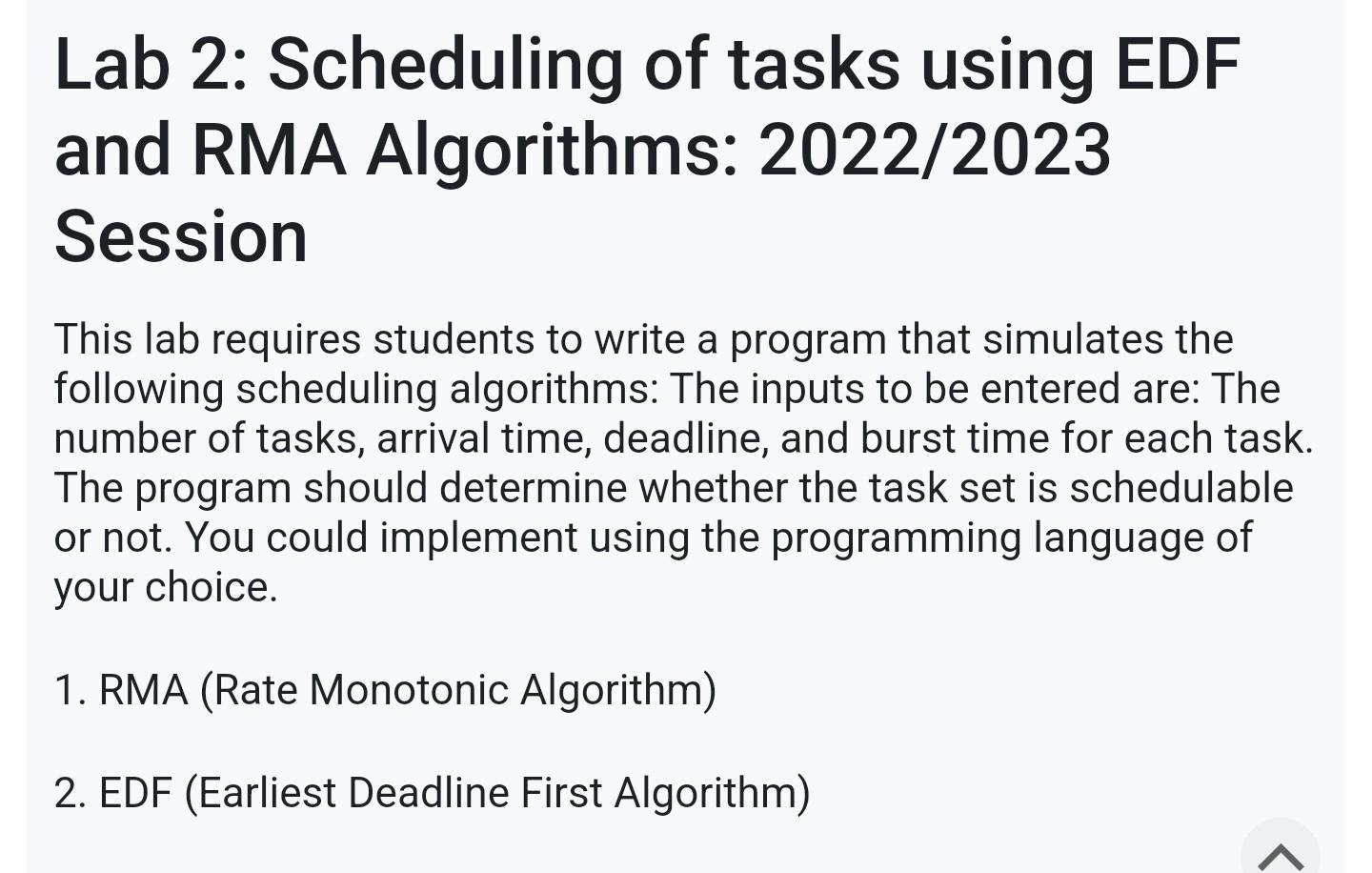 Solved Lab 2: Scheduling Of Tasks Using EDF And RMA | Chegg.com