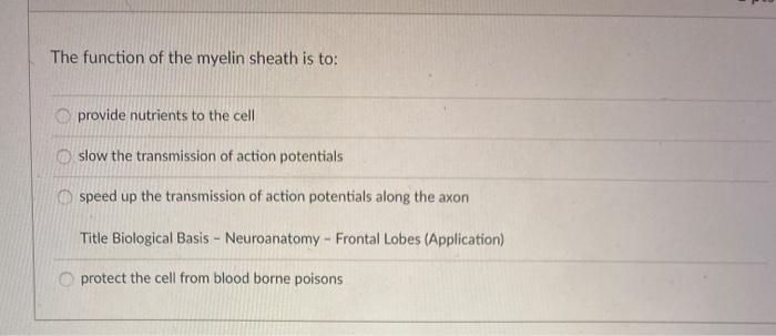 Solved The function of the myelin sheath is to: provide | Chegg.com