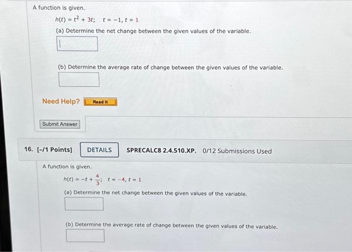 Solved A Function Is Given. H(t)=t2+3t;t=−1,t=1 (a) | Chegg.com