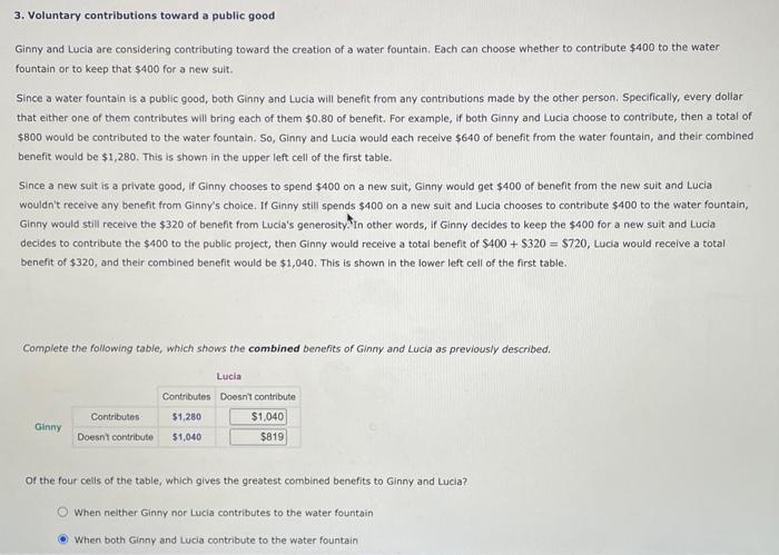 Solved 3. Voluntary contributions toward a public good Ginny | Chegg.com