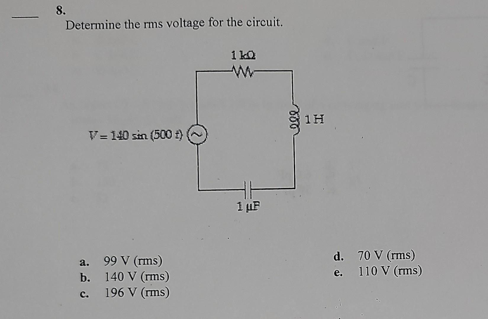Solved 8. Determine the rms voltage for the circuit. 1 ko W- | Chegg.com