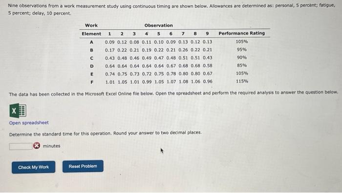 Solved Nine observations from a work measurement study using | Chegg.com