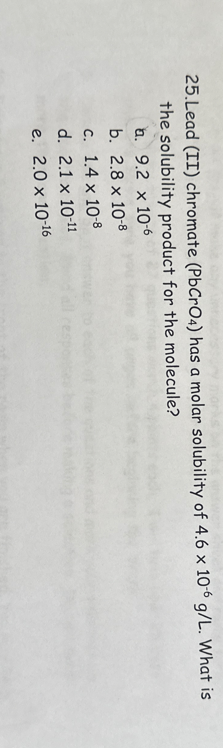 Solved Lead (II) ﻿chromate (PbCrO4) ﻿has a molar solubility