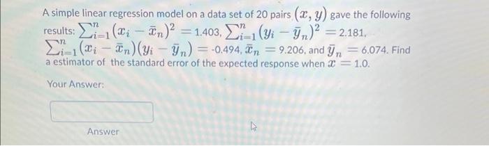 Solved A simple linear regression model on a data set of 20 | Chegg.com