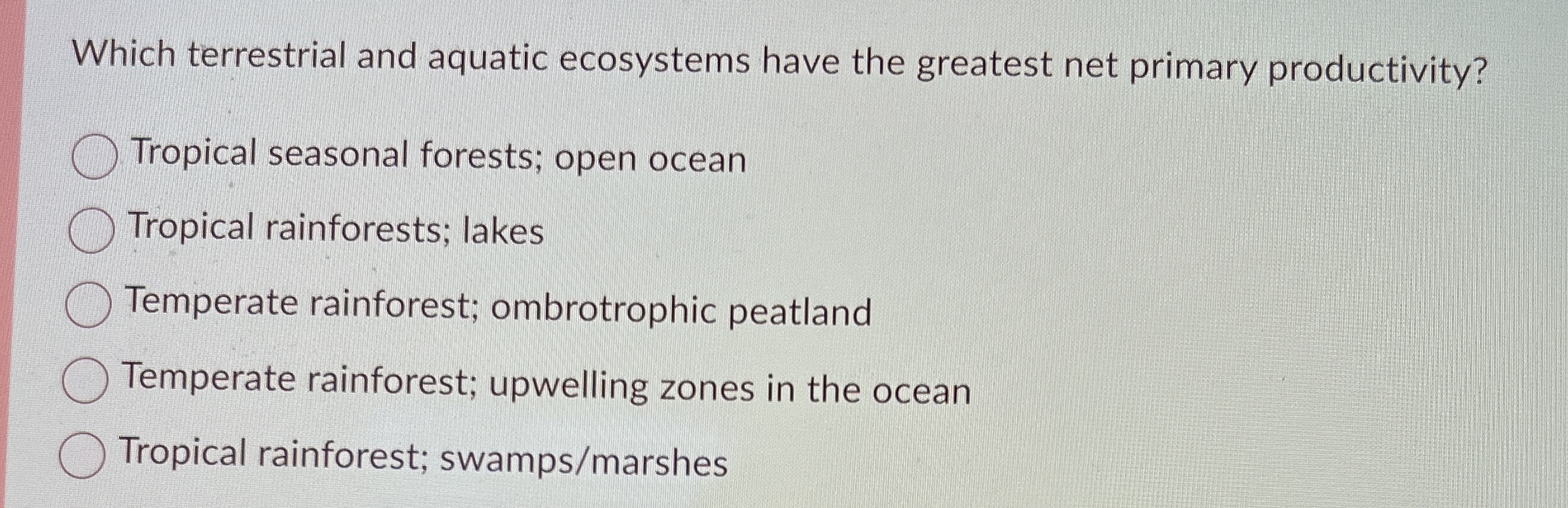 Solved Which terrestrial and aquatic ecosystems have the