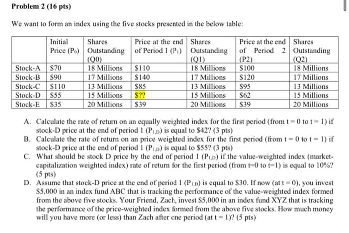 Solved We want to form an index using the five stocks | Chegg.com