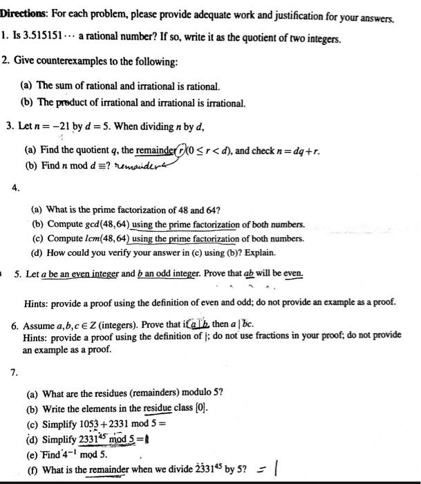 Solved Directions: For each problem, please provide adequate | Chegg.com