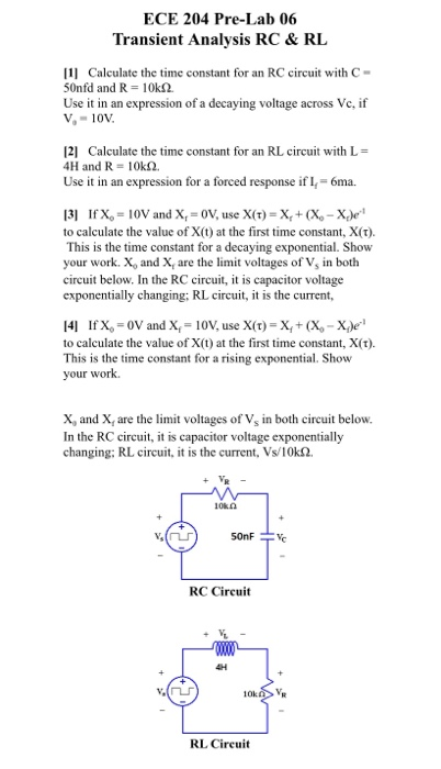 Solved ECE 204 Pre-Lab 06 Transient Analysis RC & RL [1] | Chegg.com