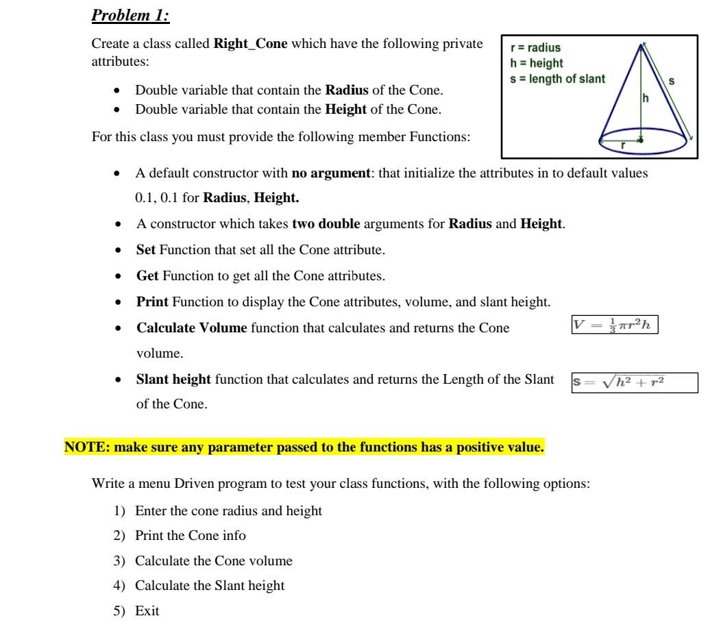 Solved Problem 1: Create a class called Right_Cone which | Chegg.com