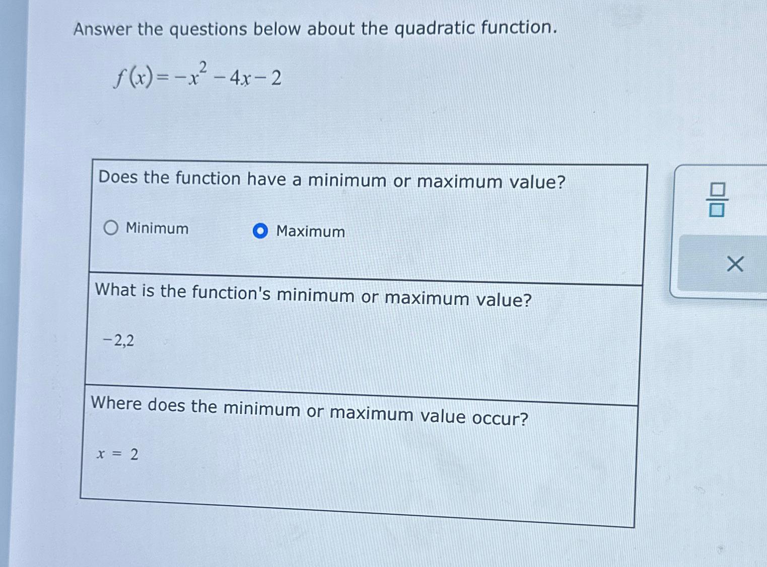 Solved Answer the questions below about the quadratic | Chegg.com